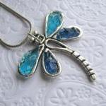 Dragonfly Necklace, Blue Dragonfly, Stained Glass..