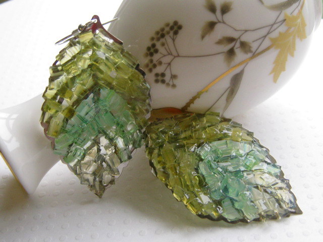 Autumn Leaf Earrings, Green Leaf Earrings, Stained Glass Earrings, Stained Glass Leaves