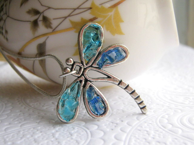 Dragonfly Necklace, Blue Dragonfly, Stained Glass Dragonfly
